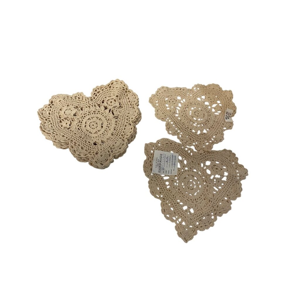 Handmade‎ Heart-Shaped Crochet Doilies Set Of 3 8x8 Inches 100% Cotton Beige